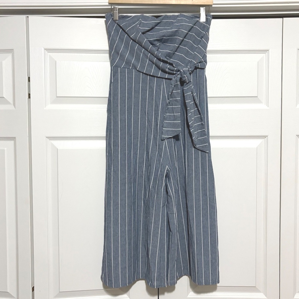 Entro Strapless Jumpsuit Womens Medium Blue Pinstripe Wide Leg Core Boho Coastal